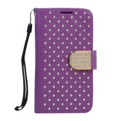 Samsung Galaxy S6 Star Diamond Flip Leather Wallet Case with Strap (Purple)